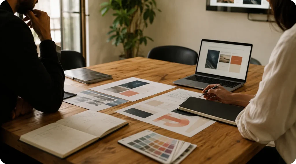 Two people review brand design materials and a laptop at a table.
