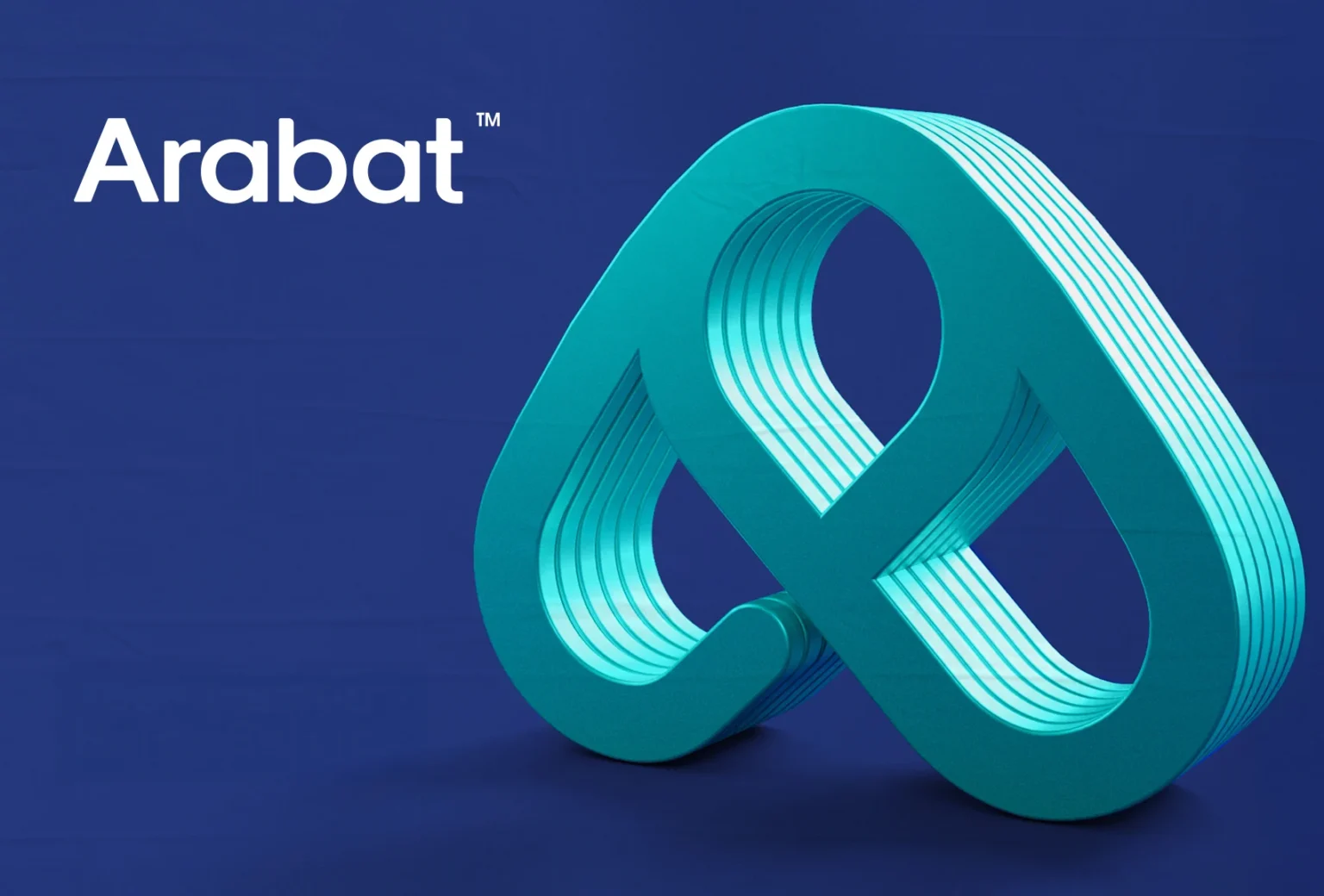 Arabat wordmark and turquoise sculptural symbol on deep blue.
