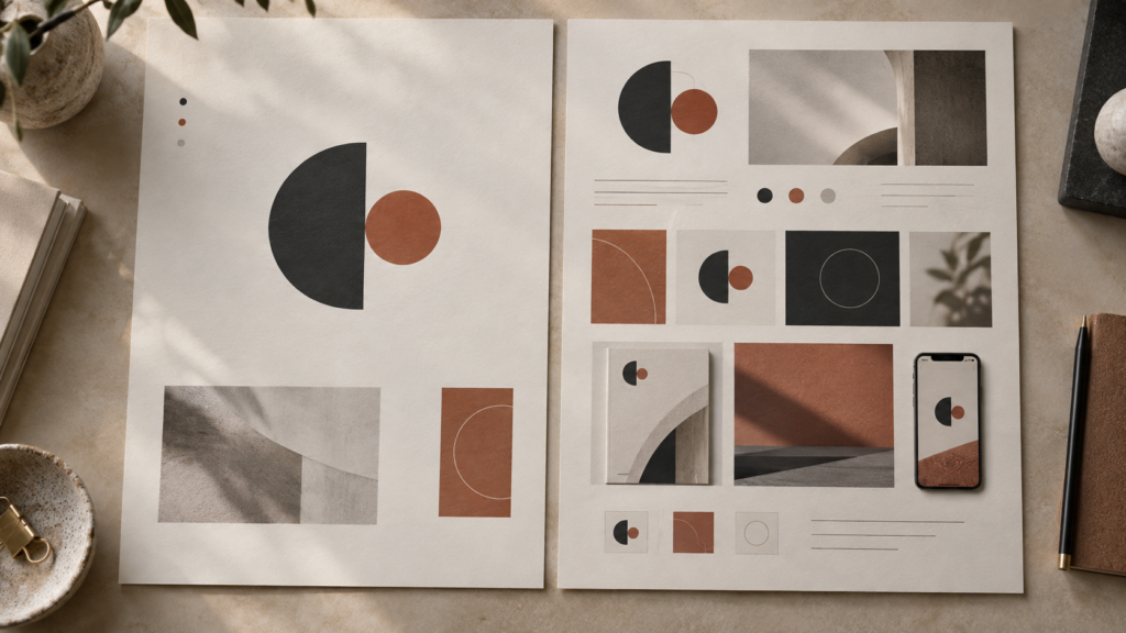 Two conceptual design boards show the same geometric symbol before and after its visual system is expanded.