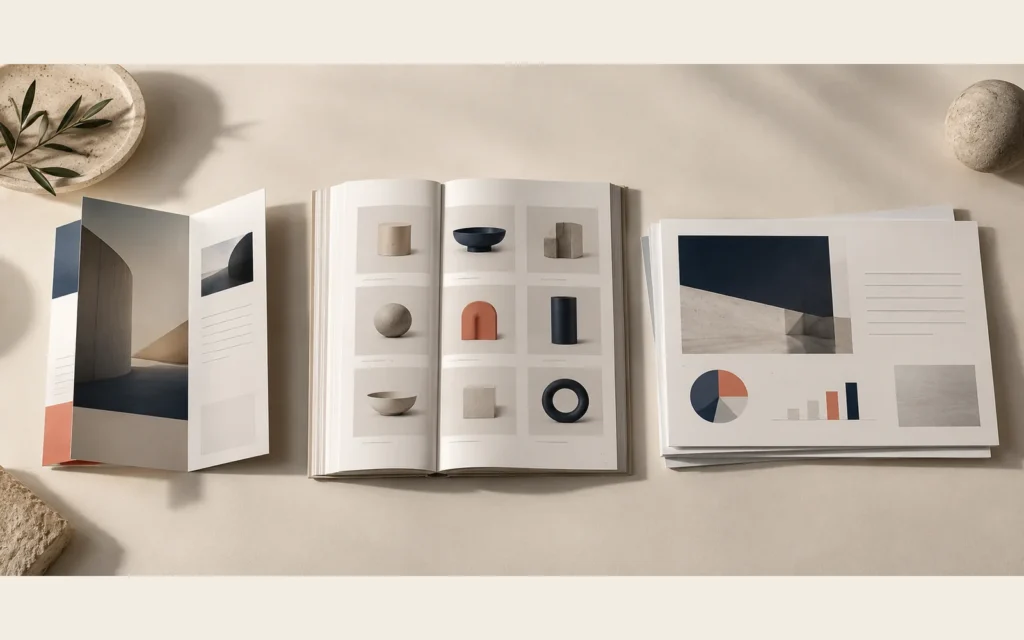Trois supports génériques : brochure, catalogue et présentation commerciale.