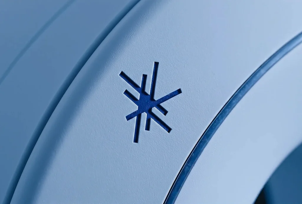 ESHAA geometric symbol embossed on blue material.