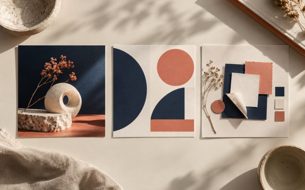 Trois compositions de publications conceptuelles réunies par le bleu nuit, le crème et le corail : photographie, formes graphiques et échantillons de papier.