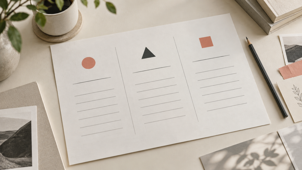 A blank three-column visual identity brief sheet on a warm desk, with geometric markers and a pencil.