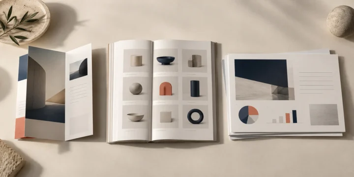 Conceptual editorial image of a company brochure, product catalogue and sales presentation on a tabletop.