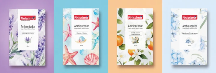 Four approved Finissimo label designs showing a consistent structure and distinct scent illustrations.
