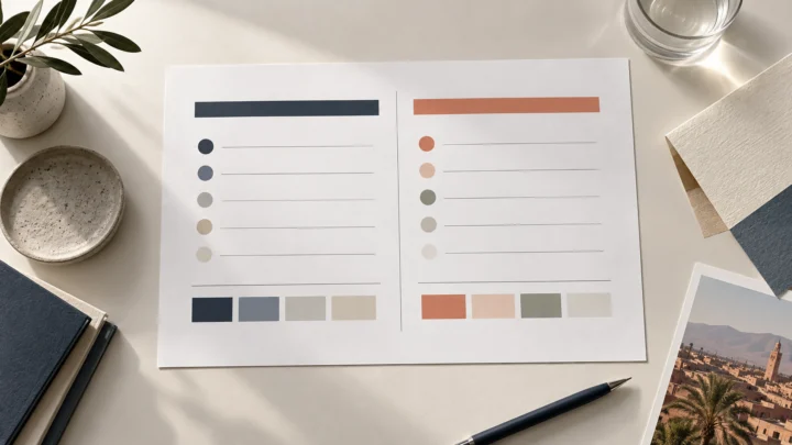Fiche de périmètre conceptuelle avec deux colonnes de priorités et des échantillons de couleurs sur un bureau de studio.