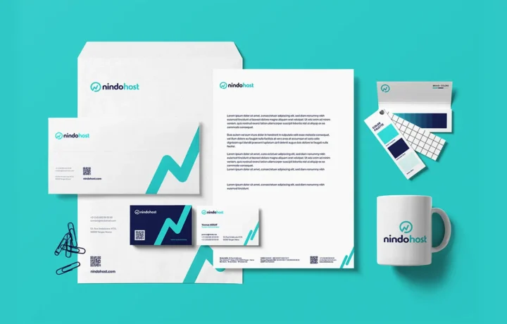 Nindohost visual identity stationery design by Brandegree