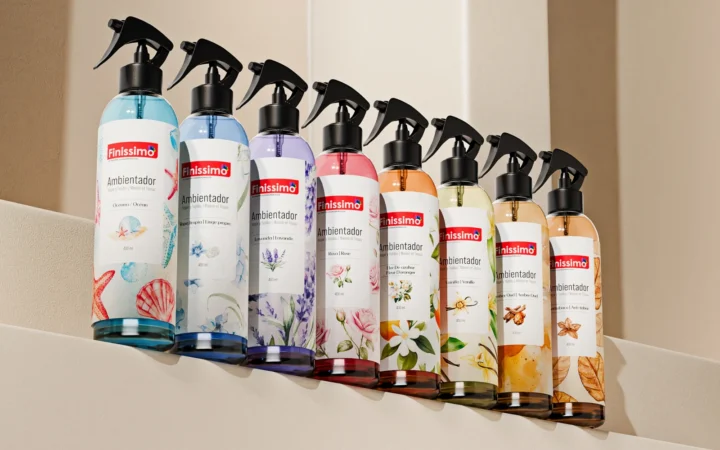 The eight Finissimo home fragrance bottles together, each with its own illustrated label.