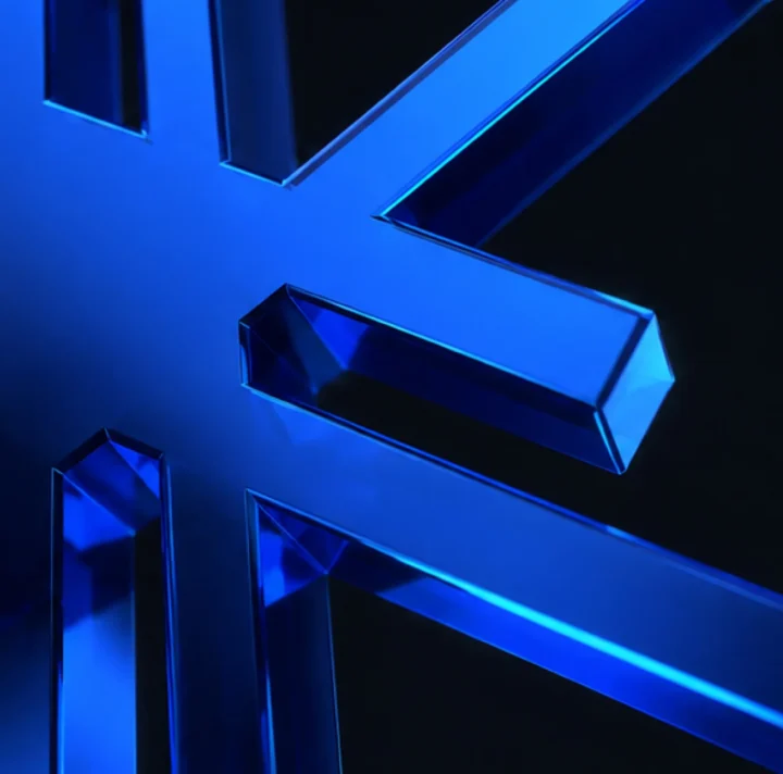 Three-dimensional blue rendering of the Eshaa symbol.