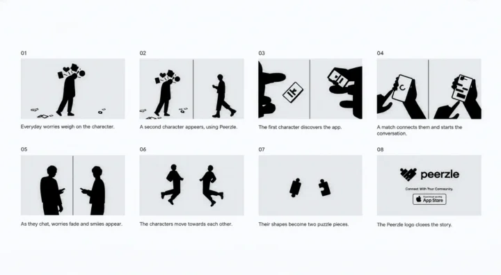 Eight storyboard frames following two people into a shared conversation.
