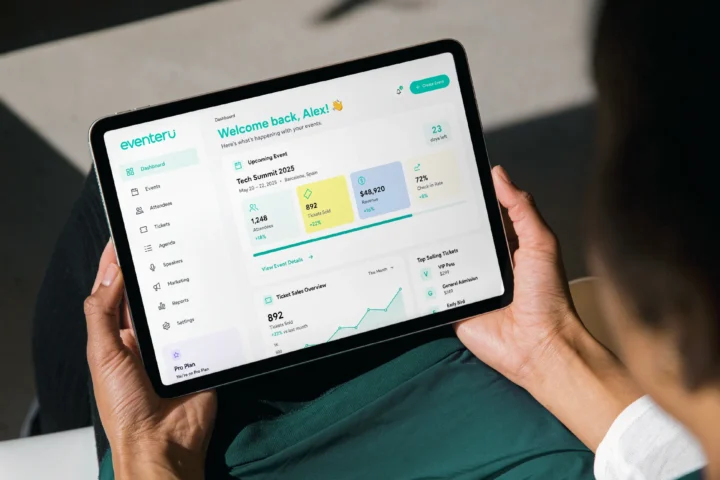 Eventeru event management dashboard displayed on a tablet.