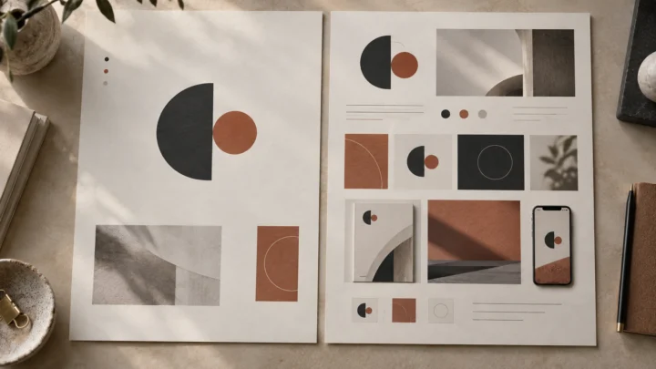 Deux planches graphiques conceptuelles montrent le même symbole géométrique avant et après l’élargissement de son système visuel.