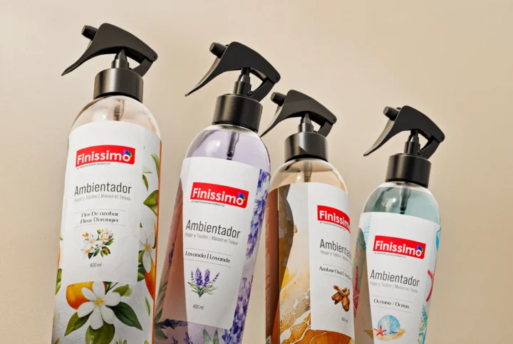 Four Finissimo home and fabric fragrance sprays with illustrated labels.